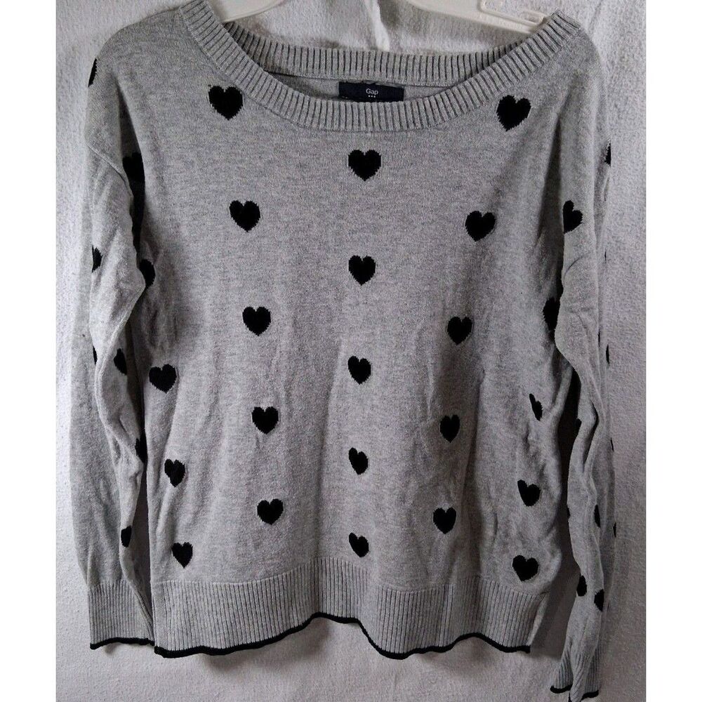 Gap‎ Sweater Women XS Gray Excellent Heather Navy Hearts Knit Pullover Whimsical